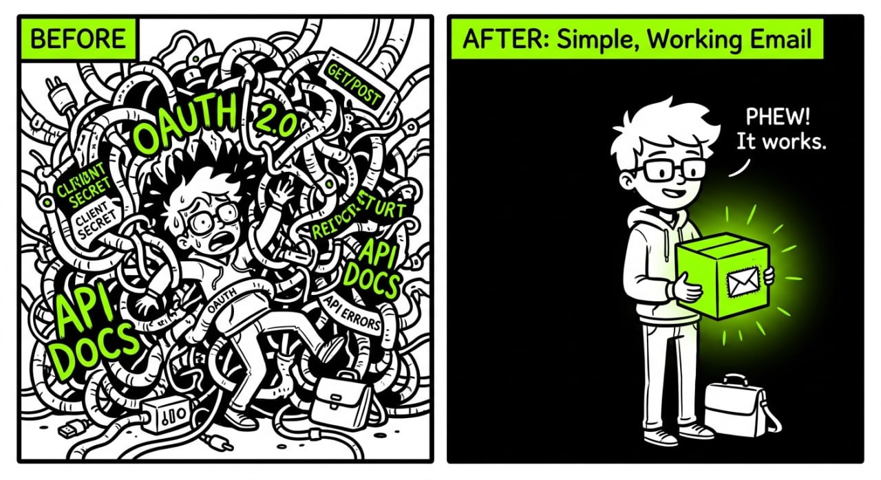 Comic in two panels. Left, labeled BEFORE: a developer tangled in cables labeled OAuth 2.0, client secret, redirect URI, API docs, GET/POST, API errors. Right, labeled AFTER: Simple, Working Email - the same developer holding a glowing green mailbox box and saying "PHEW! It works."