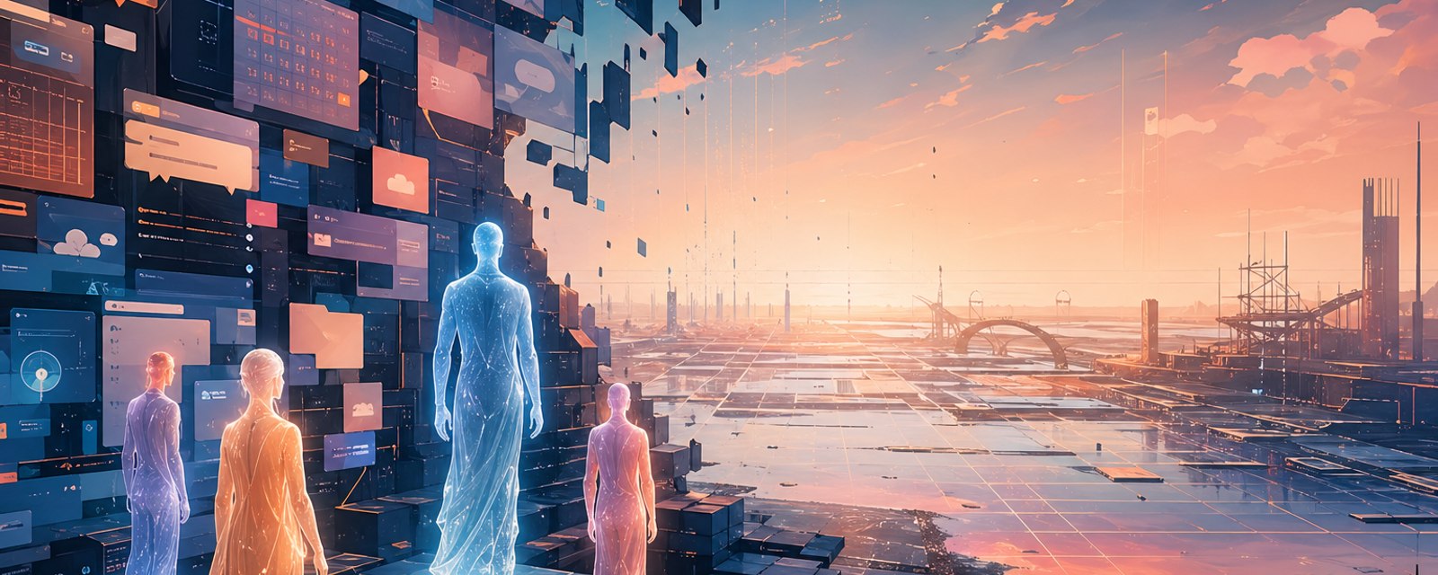 Translucent figures stand at the threshold of a wall of human-built UI panels, looking out across an empty grid landscape toward a sunset horizon — the world autonomous agents need has not been built yet.