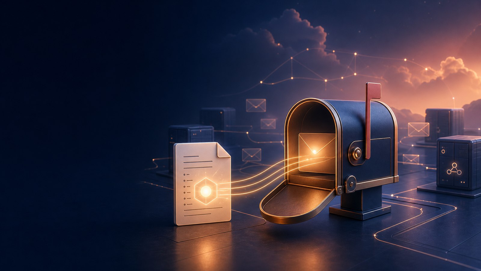 A glowing document marked with a hexagonal sigil streams lines of light into an open mailbox, networked nodes faint in the background under a dark amber sky — soul precedes the address.