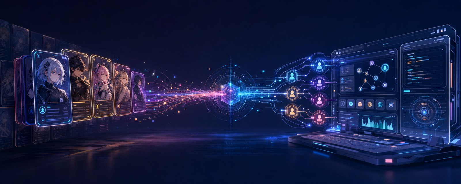 Stylized scene. On the left, a row of glowing anime-style V2 character cards. On the right, a futuristic agent-runtime console with identity nodes wired into a network. Streams of light flow from the cards into the console - souls becoming agents.